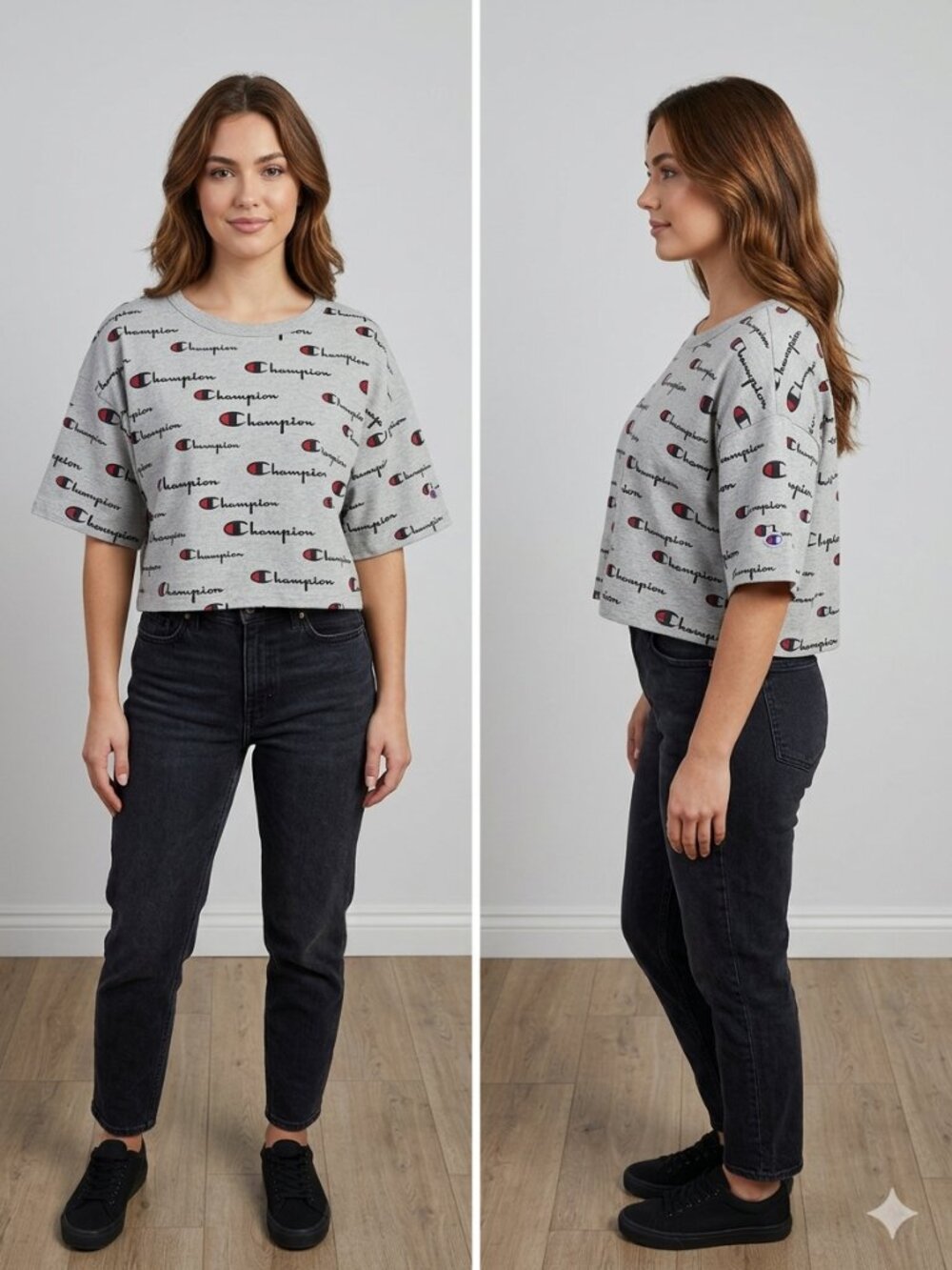 NWT Champion Womens Script Printed Gray Cropped Tee All-Over Logo Sleeve Size XL